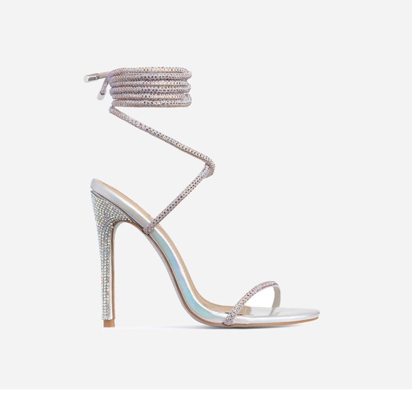 carmella glitter sole diamante detail lace up heel in silver holographic faux leather